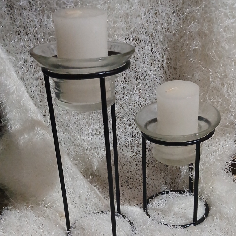 Elegant Black and Clear Glass Candle Holder set with two votives candles 15hrs